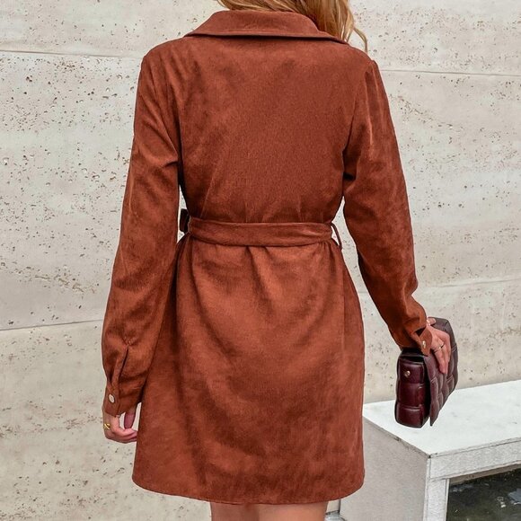 Rust Brown Casual Womens Corduroy Solid Belted Shirt Dress - Picture 4 of 6